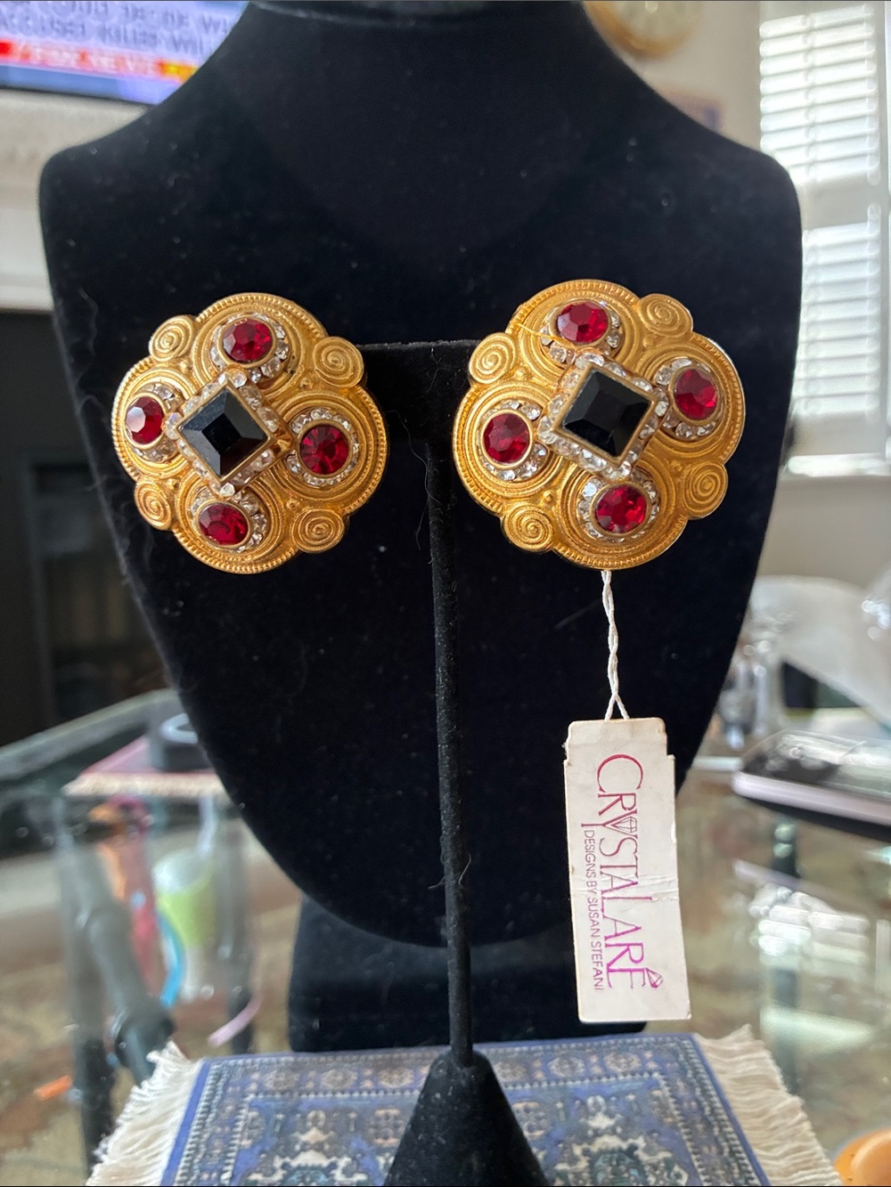Gold-Tone Earrings with Ruby Red and Black Stones